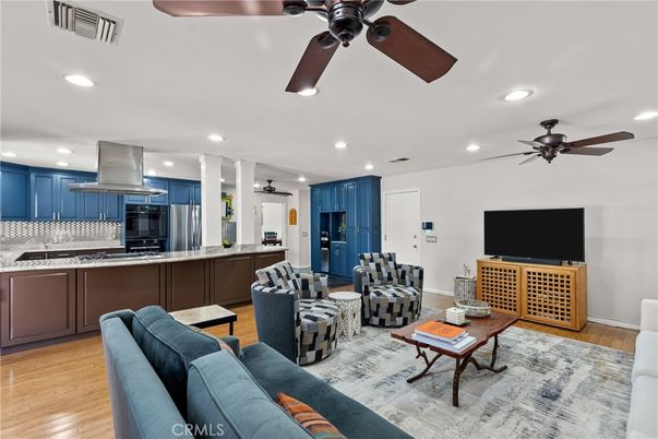 Interior, Kitchen, Living room, Recessed Lighting, Stainless Steel Appliances, Wood Texture Flooring