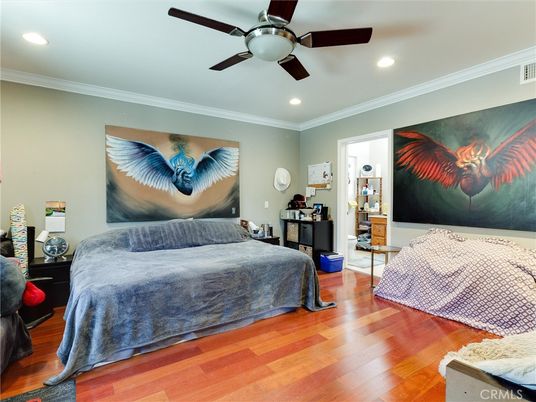 Bedroom, Interior, Recessed Lighting, Wood Texture Flooring