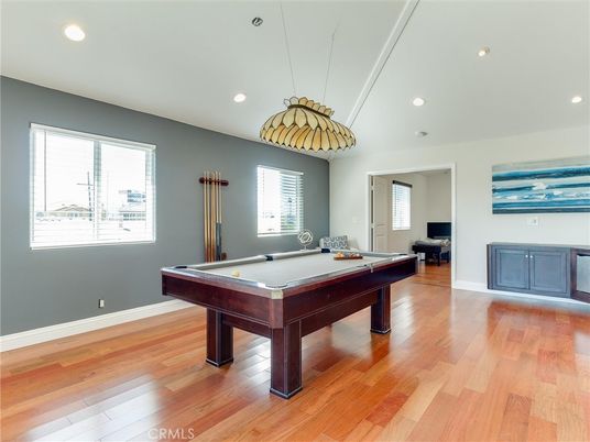 Billiard Table, Game Room, Interior, Pendant Lights, Recessed Lighting, Wood Texture Flooring