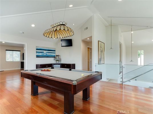 Billiard Table, Game Room, Interior, Pendant Lights, Recessed Lighting, Wood Texture Flooring