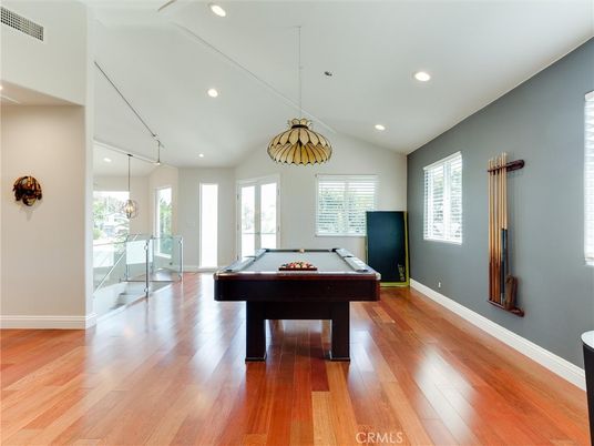 Billiard Table, Game Room, Interior, Pendant Lights, Recessed Lighting, Wood Texture Flooring