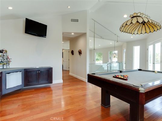Billiard Table, Game Room, Interior, Pendant Lights, Recessed Lighting, Wood Texture Flooring