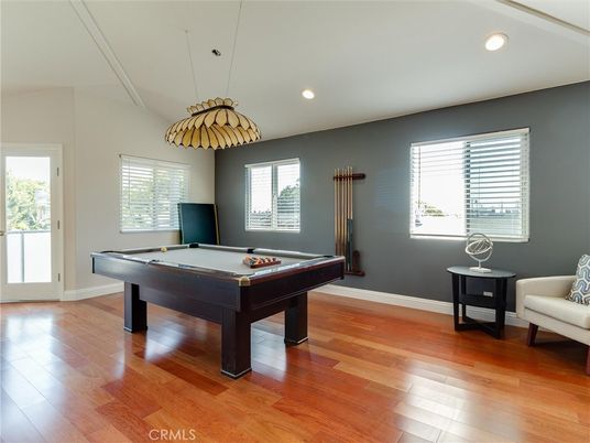 Billiard Table, Game Room, Interior, Pendant Lights, Recessed Lighting, Wood Texture Flooring