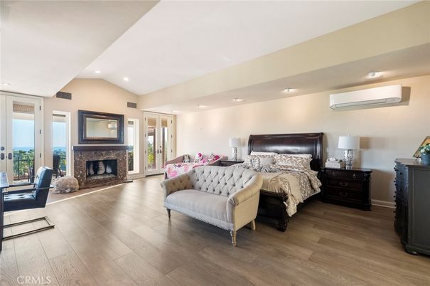 Bedroom, Fireplace, Interior, Recessed Lighting, Wood Texture Flooring