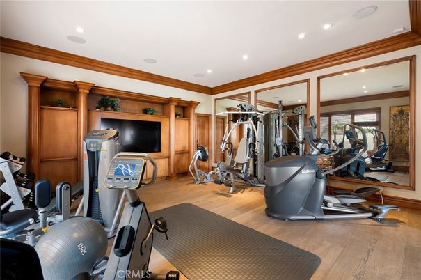 Fitness Equipment, Gym, Interior, Recessed Lighting, Wood Texture Flooring