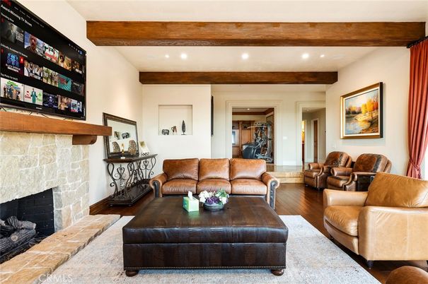 Fireplace, Interior, Living room, Recessed Lighting, Wooden Beams, Wood Texture Flooring