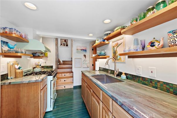 Interior, Kitchen, Recessed Lighting, Tile Countertops, Wood Texture Flooring