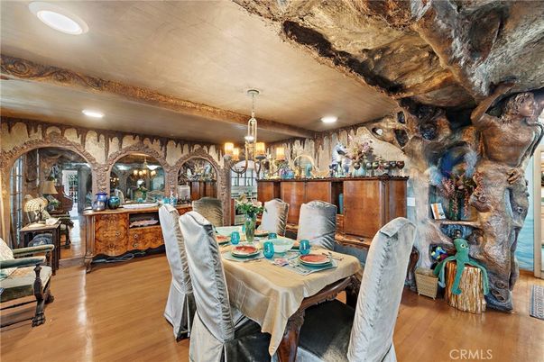 Chandelier, Dining room, Interior, Recessed Lighting, Stone Walls, Wood Texture Flooring