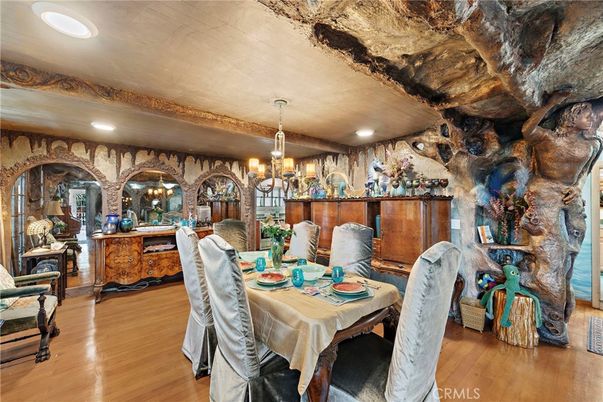 Chandelier, Dining room, Interior, Recessed Lighting, Stone Walls, Wood Texture Flooring