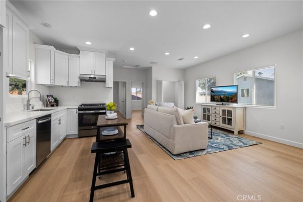 Interior, Kitchen, Living room, Recessed Lighting, Stainless Steel Appliances, Wood Texture Flooring
