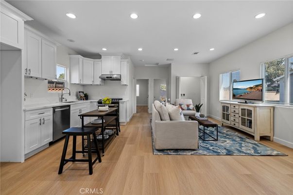 Interior, Kitchen, Living room, Recessed Lighting, Stainless Steel Appliances, Wood Texture Flooring