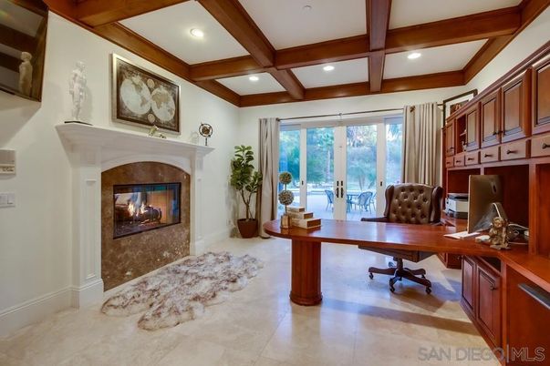 Fireplace, Home Office, Interior, Recessed Lighting, Wooden Beams