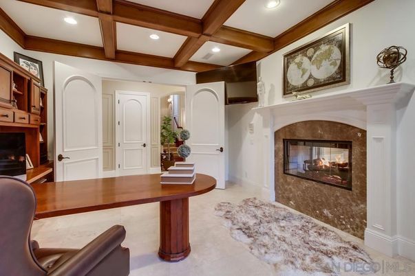 Fireplace, Home Office, Interior, Recessed Lighting, Wooden Beams