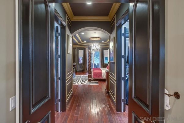 Bedroom, Chandelier, Interior, Recessed Lighting, Wood Texture Flooring