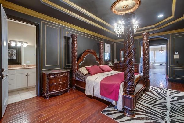 Bedroom, Chandelier, Interior, Recessed Lighting, Wood Texture Flooring