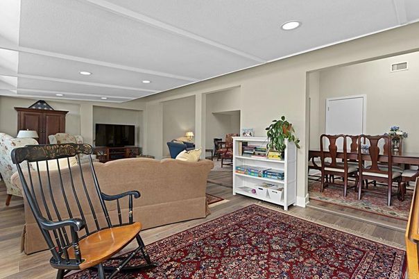 Dining room, Interior, Living room, Recessed Lighting, Wood Texture Flooring
