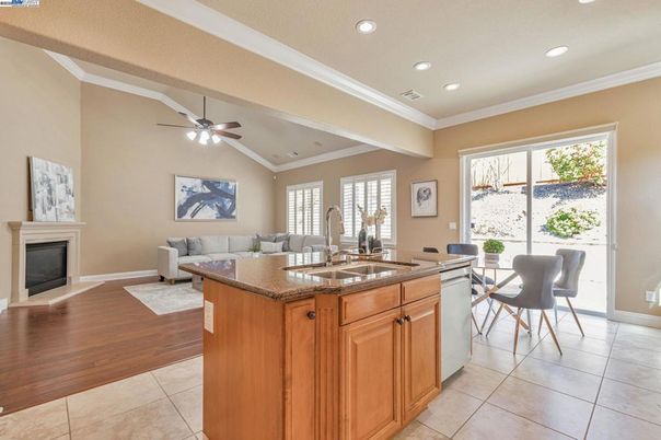 Dining room, Fireplace, Interior, Kitchen, Living room, Recessed Lighting, Wood Texture Flooring