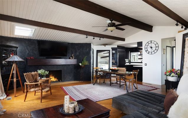 Dining room, Fireplace, Interior, Wooden Beams, Wood Texture Flooring