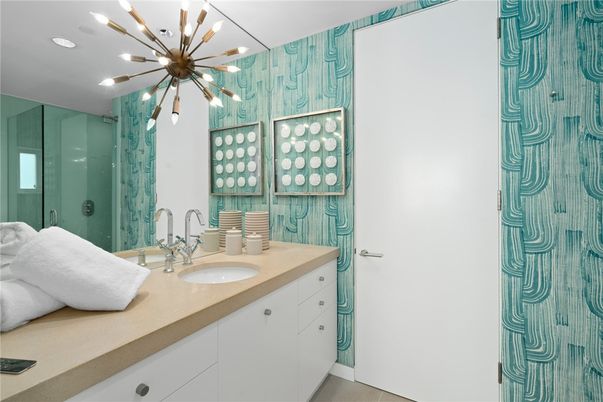 Bathroom, Dual Sink Vanities, Glass Shower, Interior, Pendant Lights, Recessed Lighting