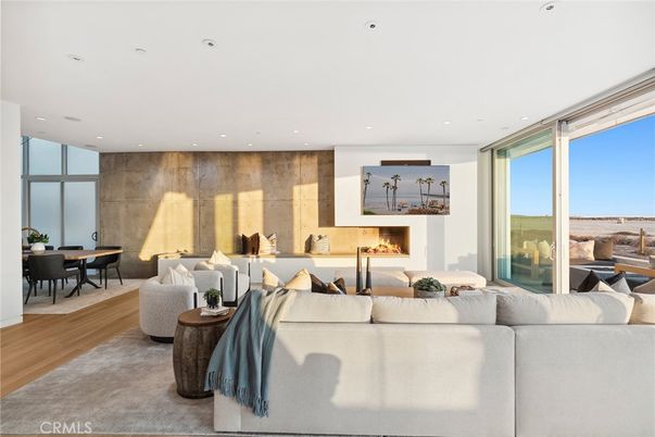 Dining room, Fireplace, Interior, Living room, Recessed Lighting, Wood Texture Flooring
