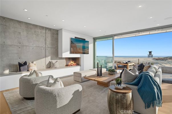 Fireplace, Interior, Living room, Recessed Lighting, Water, Wood Texture Flooring