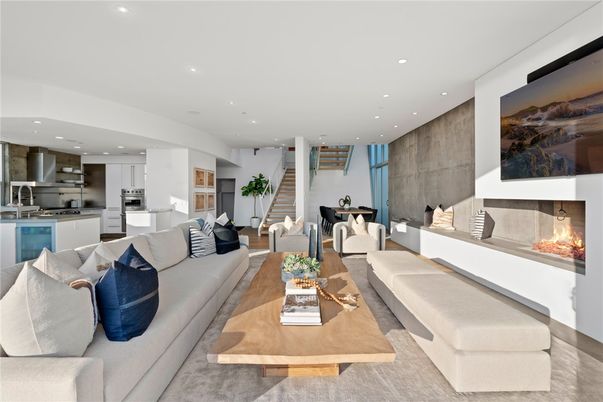 Fireplace, Interior, Kitchen, Living room, Recessed Lighting, Stainless Steel Appliances