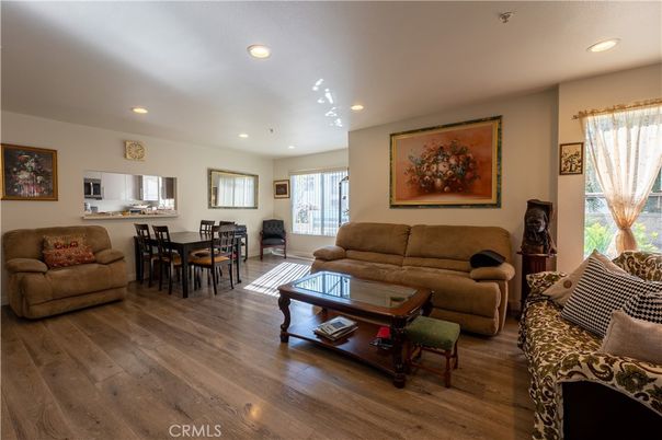 Dining room, Interior, Living room, Recessed Lighting, Wood Texture Flooring