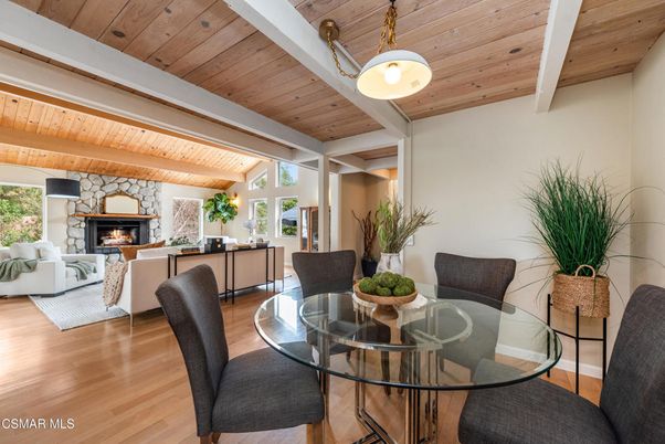 Dining room, Fireplace, Interior, Living room, Pendant Lights, Wooden Beams, Wooden Ceilings, Wood Texture Flooring