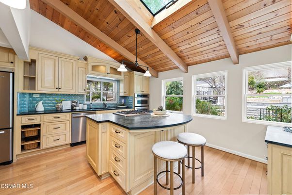 Interior, Kitchen, Pendant Lights, Stainless Steel Appliances, Wooden Beams, Wooden Ceilings, Wood Texture Flooring