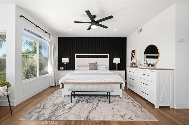 Bedroom, Interior, Recessed Lighting, Wood Texture Flooring