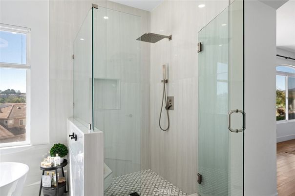 Bathroom, Glass Shower, Interior, Recessed Lighting, Wood Texture Flooring