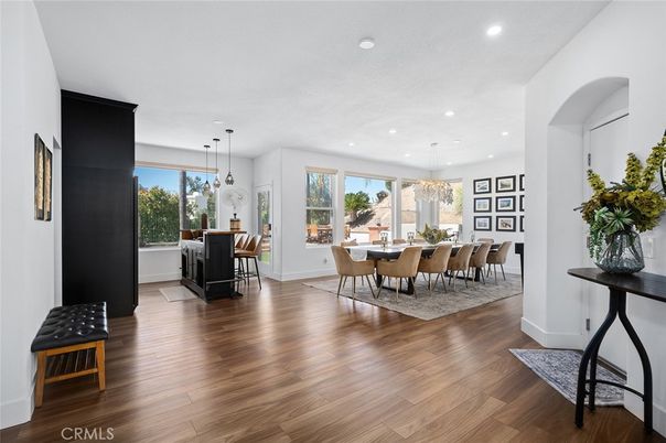 Dining room, Interior, Pendant Lights, Recessed Lighting, Wood Texture Flooring