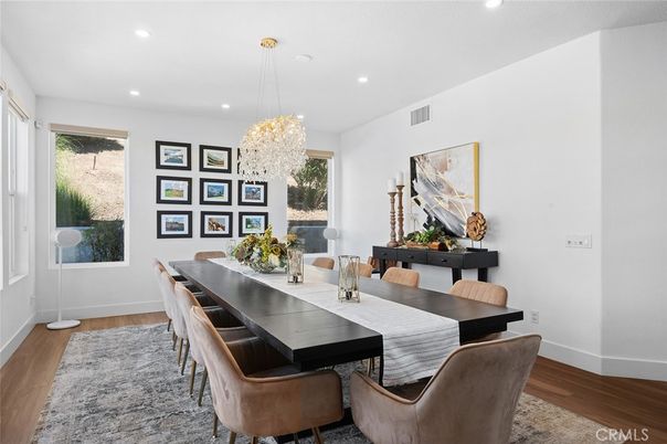 Chandelier, Dining room, Interior, Pendant Lights, Recessed Lighting, Wood Texture Flooring