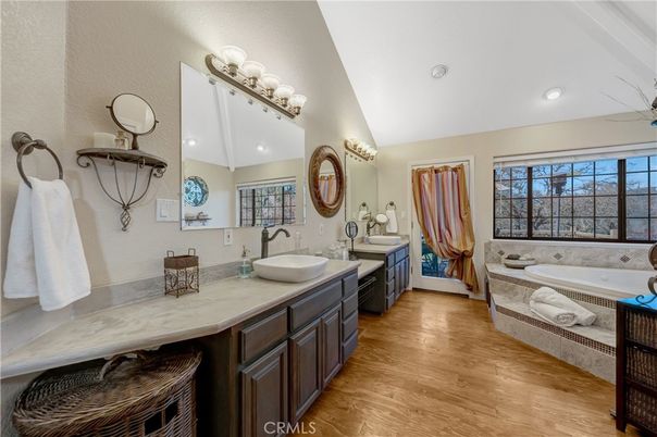 Bathroom, Dual Sink Vanities, Interior, Recessed Lighting, Wood Texture Flooring