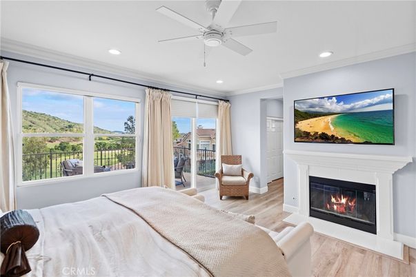 Bedroom, Fireplace, Interior, Recessed Lighting, Wood Texture Flooring