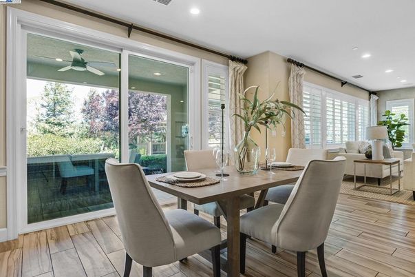 Dining room, Interior, Recessed Lighting, Wood Texture Flooring
