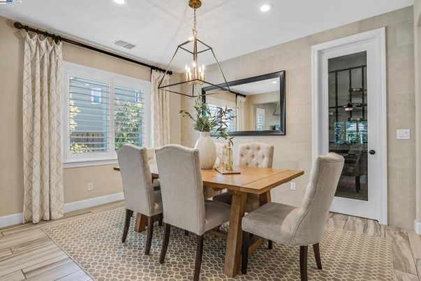 Dining room, Interior, Pendant Lights, Recessed Lighting, Wood Texture Flooring