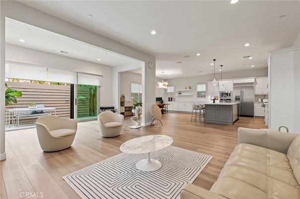 Dining room, Interior, Kitchen, Living room, Pendant Lights, Recessed Lighting, Stainless Steel Appliances, Wood Texture Flooring