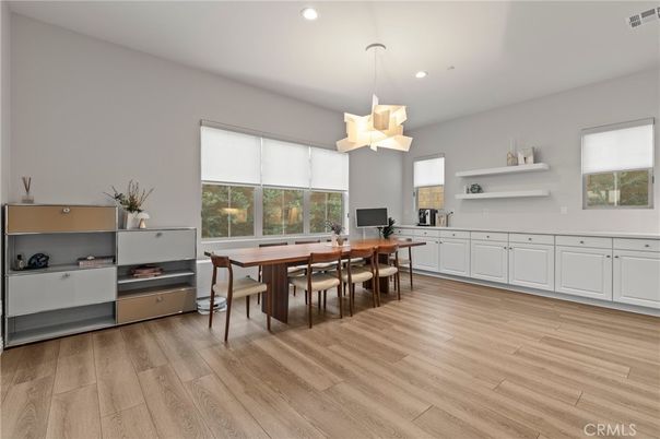 Dining room, Interior, Pendant Lights, Recessed Lighting, Wood Texture Flooring