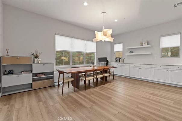 Dining room, Interior, Pendant Lights, Recessed Lighting, Wood Texture Flooring