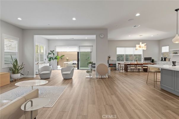 Dining room, Interior, Living room, Pendant Lights, Recessed Lighting, Wood Texture Flooring