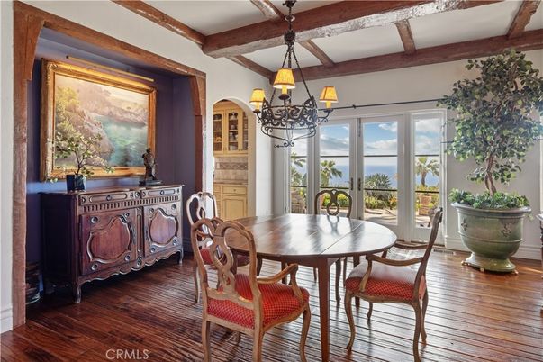 Chandelier, Dining room, Interior, Wooden Beams, Wood Texture Flooring