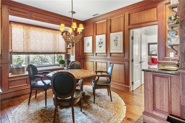 Chandelier, Dining room, Interior, Wood Texture Flooring, Wooden Walls