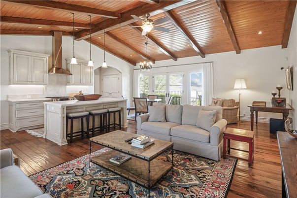 Dining room, Interior, Kitchen, Living room, Pendant Lights, Recessed Lighting, Wooden Beams, Wooden Ceilings, Wood Texture Flooring