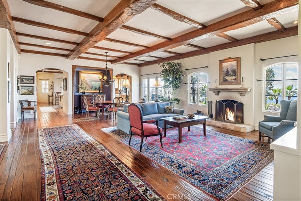 Dining room, Fireplace, Interior, Living room, Pendant Lights, Recessed Lighting, Wooden Beams, Wood Texture Flooring