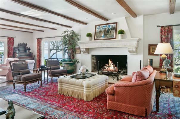 Fireplace, Interior, Living room, Recessed Lighting, Wooden Beams