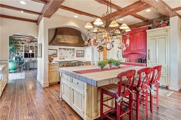 Chandelier, Interior, Kitchen, Recessed Lighting, Stainless Steel Appliances, Wooden Beams, Wood Texture Flooring