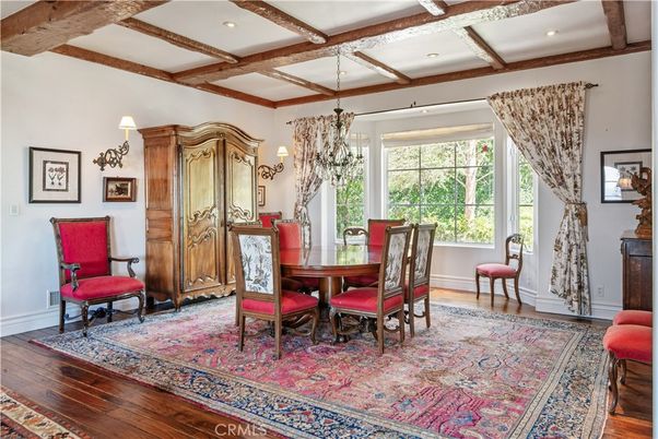 Chandelier, Dining room, Interior, Recessed Lighting, Wooden Beams, Wood Texture Flooring