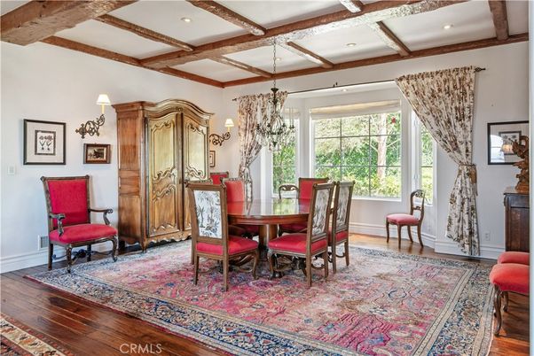 Chandelier, Dining room, Interior, Recessed Lighting, Wooden Beams, Wood Texture Flooring