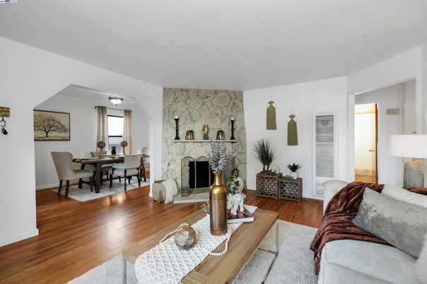 Dining room, Fireplace, Interior, Stone Walls, Wood Texture Flooring